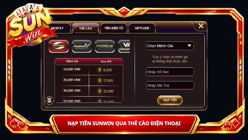 Nạp tiền sunwin qua thẻ cào điện thoại